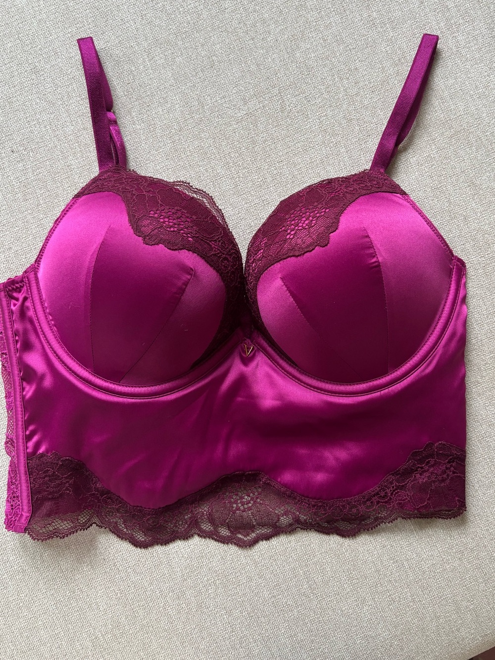 Victoria's Secret Raspberry Satin Longline Bombshell Bra Top with Lace Trim - Picture 7 of 7